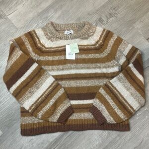 Large Knit Recycled Polyester Sweater Semi Crop Baggy Sleeves Brown stripes